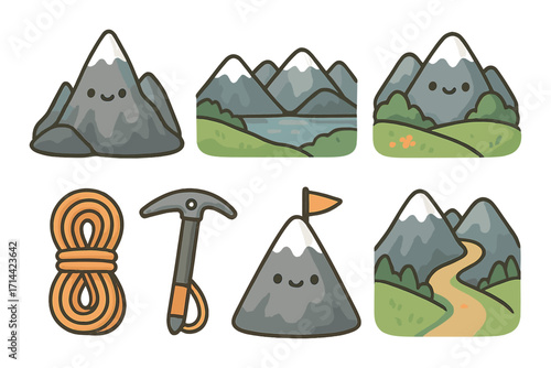 Mountain adventure flat icon set. featuring climbing, alpine, landscapes, lakes, paths, and gear symbols