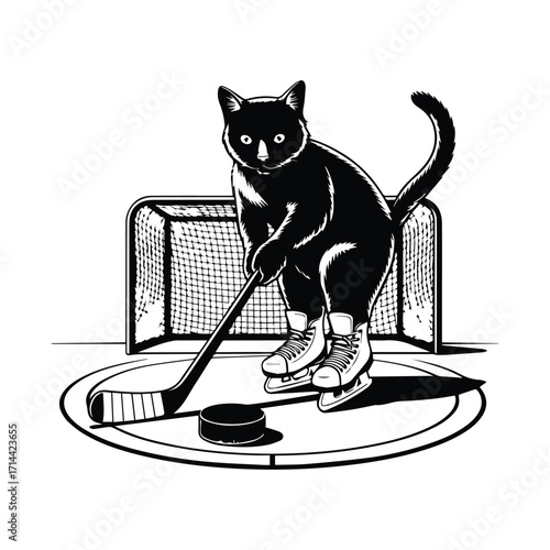 Black cat playing hockey on ice rink with net silhouette