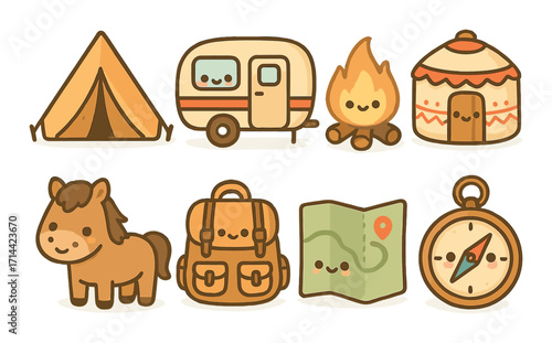 Camping essentials flat icon set. featuring tent, camper, campfire, yurt, horse, backpack, map, compass symbols