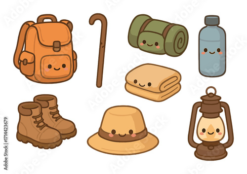 Camping essentials flat icon set. featuring backpack, boots, cane, hat, lantern, blanket, water bottle