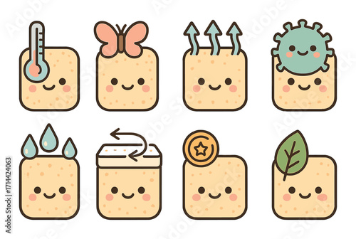 Skincare flat icon set. featuring thermometer, butterfly, hair growth, bacteria, droplet, lotion, shield, leaf symbols