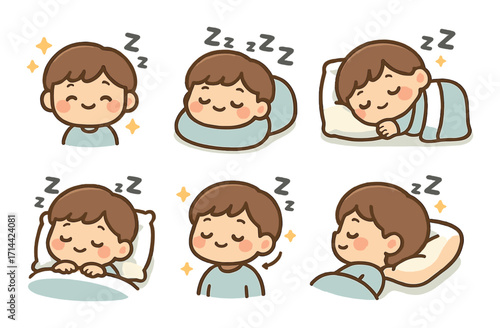 Sleepy kid silhouette icon set. featuring sleep on pillow, side sleeping, covered sleeping, and calm resting