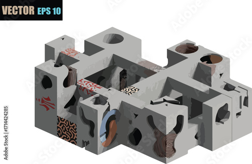 Abstract isometric architectural structure with geometric forms and textured surfaces