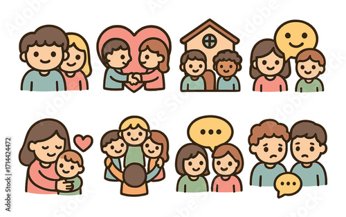 Family life flat icon set. featuring love, friendship, home, happiness, parenting, conversation, and care symbols