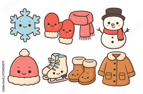 Winter clothing flat icon set. featuring snowflake, mittens, scarf, snowman, hat, skates, boots, coat