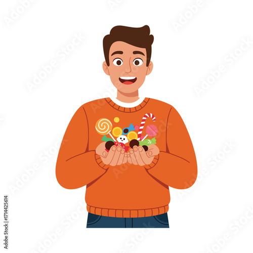 A happy young man in an orange sweater holding a handful of colorful candies, lollipops, and sweets.