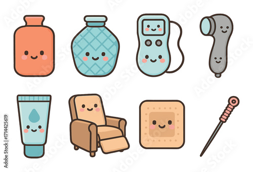 Spa and relaxation flat icon set. featuring hot water bottle, massage chair, face roller, and bandage symbols