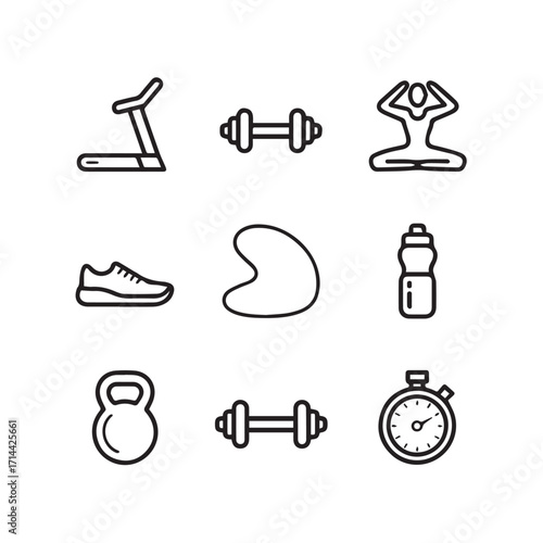 Nine black and white line art icons related to fitness and exercise, isolated on a white background technology background