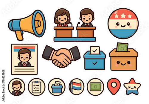 Election and voting flat icon set. featuring megaphone, podium, ballot, handshake, voting box, and flag symbols
