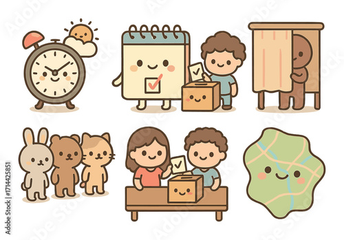 Voting flat icons set. featuring ballot box, voters, polling booth, map, animal voters, vote calendar, and alarm clock