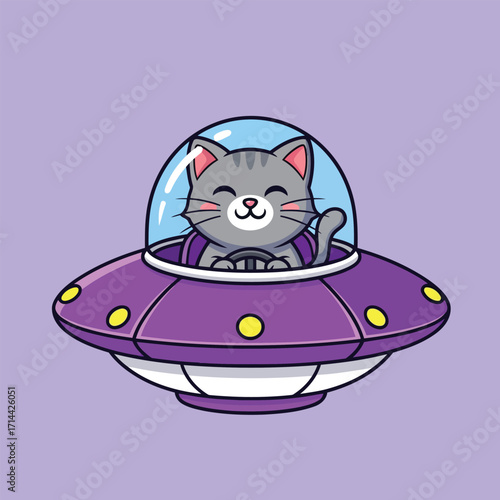 Cute cartoon cat piloting a purple UFO.