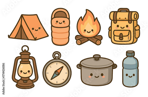 Camping essentials flat icon set. featuring tent, sleeping bag, fire, backpack, lantern, compass, pot, water bottle