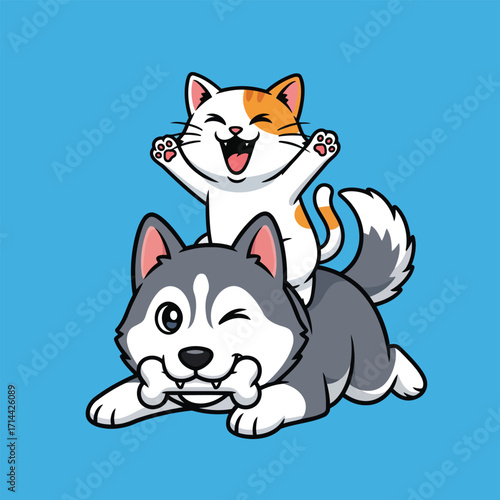 Cute cartoon husky dog winking with a bone in its mouth and a happy cat riding on its back on a blue background.