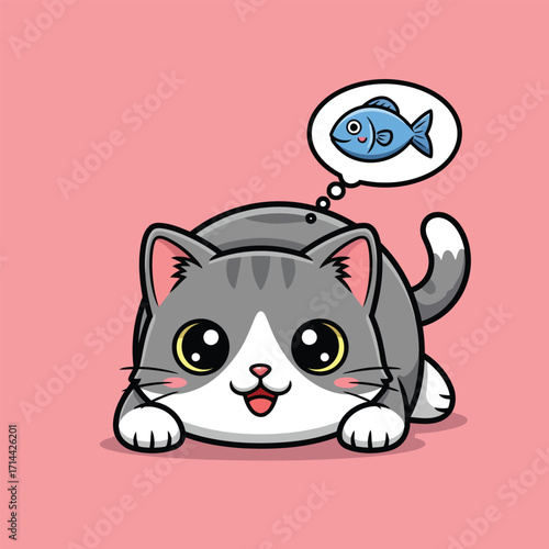A cute cartoon cat with big eyes is lying down and thinking about a fish.