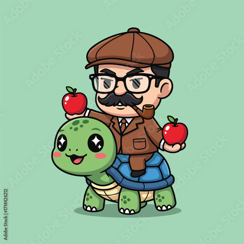 A cartoon man with a mustache rides a turtle, holding apples.