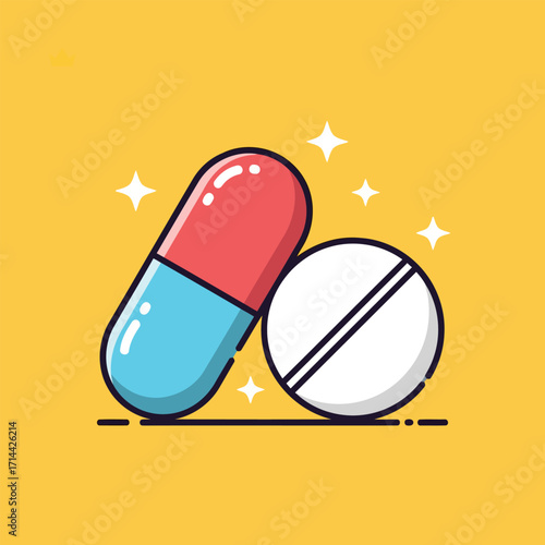 Illustration of a red and blue capsule pill and a white tablet on a yellow background.