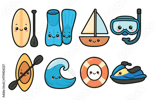 Water sports flat icon set. featuring surfboard, fins, sailboat, snorkel, kayak, wave, buoy, jet ski