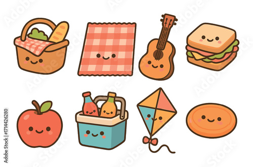 Picnic cute flat icons set. featuring basket, blanket, guitar, sandwich, apple, cooler, kite, frisbee