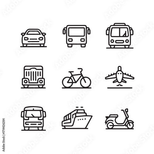 Nine transportation icons in line art style, including various vehicles, isolated on a white background technology background