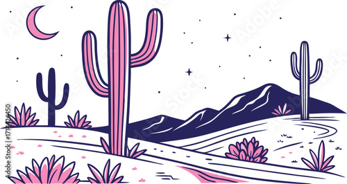 Serene desert night scene with cacti, mountains, and moon evoking adventure and tranquility
