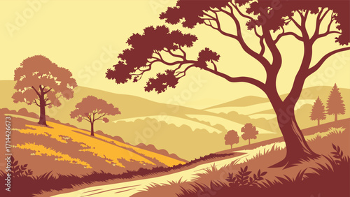 Serene autumn countryside landscape with rolling hills and trees, idyllic rural scene, nature tranquility
