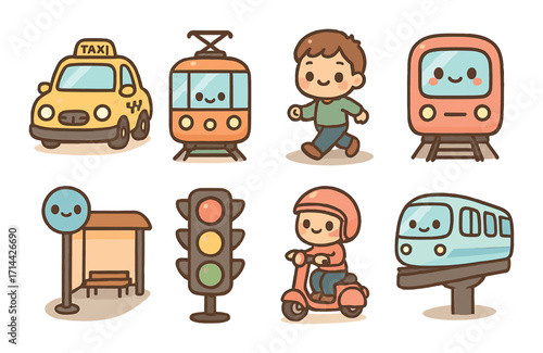 Transportation flat icon set. featuring taxi, tram, person, train, bus stop, traffic light, scooter, and subway icons