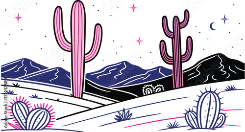 Vibrant desert landscape illustration with cacti, mountains, and stars for modern designs