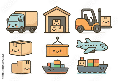 Logistics and delivery flat icon set. featuring truck, warehouse, forklift, box, cargo, airplane, ship