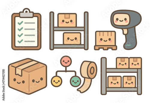 Logistics flat icons set. featuring checklist, barcode scanner, shelves, boxes, packaging, flowchart