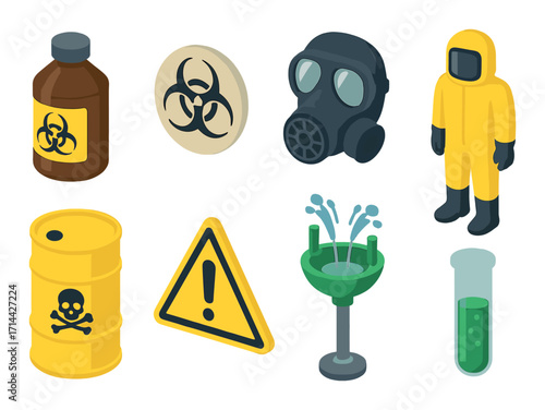 Hazard safety isometric icon set. featuring hazard, biohazard, gas mask, hazmat suit, and warning symbols