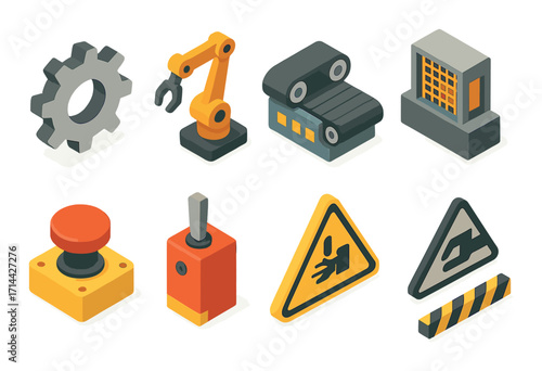 Industrial safety flat icons set. featuring gear, robotic arm, conveyor, factory, emergency button, switch, hazard signs