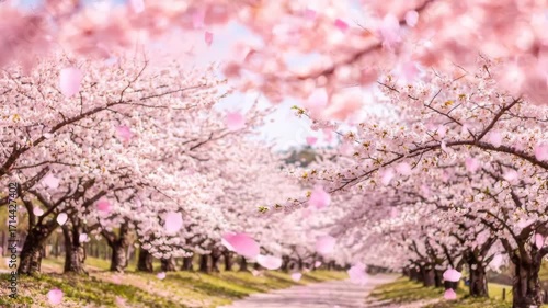 Pink Cherry Blossom Trees and Falling Petals - A picturesque scene of cherry blossom trees in full bloom, with delicate pink petals falling gently to the ground.