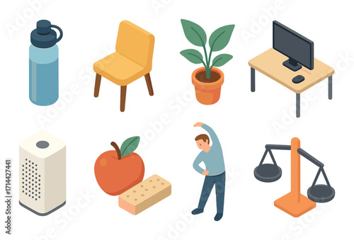Home and office isometric icon set. featuring bottle, chair, plant, desk, purifier, apple, cheese, exercise, scales