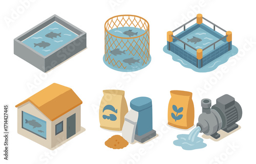 Aquaculture isometric icon set. featuring fish tank, fish cage, fish platform, hatchery, feed, and water pump icons