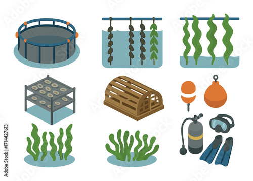 Aquaculture isometric icon set. featuring kelp farm, oyster rack, fish cage, seaweed, dive gear, and buoy symbols