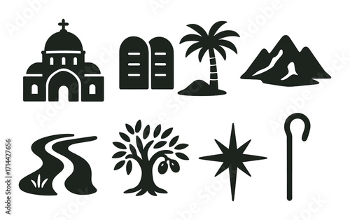 Biblical symbols silhouette icon set. featuring church, tablets, palm tree, mountains, river, olive tree, star, shepherd's cane