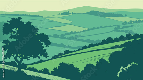 Rolling green hills landscape, serene countryside views, vector art, peaceful scenery and natural beauty