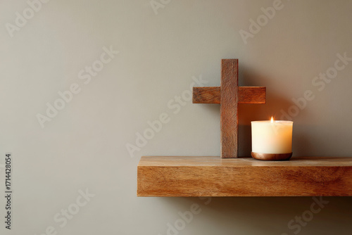 simple wooden shelf featuring cross and candle symbolizes modern approach to faith