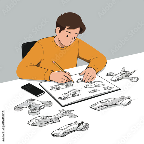 Young designer sketches futuristic vehicles in a notebook with a pencil on a clean white desk
