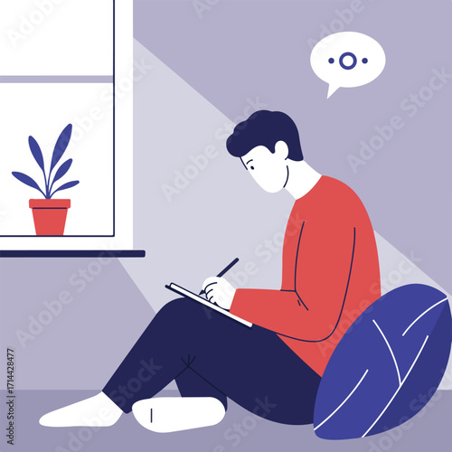 Stylized drawing of a person sitting and writing near a window with a houseplant