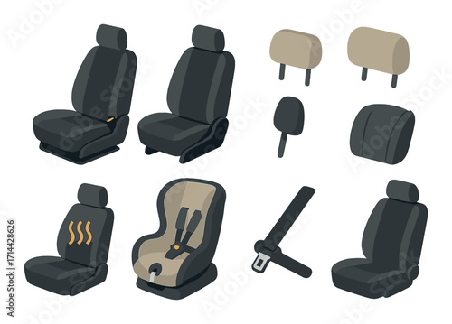 Car seat flat icons set. featuring seat, headrest, armrest, booster, baby seat, heated, seatbelt