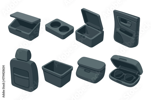 Automotive accessories silhouette icon set. featuring cup holder, storage, armrest, seat organizer, and console box