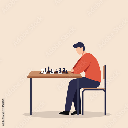 Man plays chess at table, simplistic vector illustration on beige background