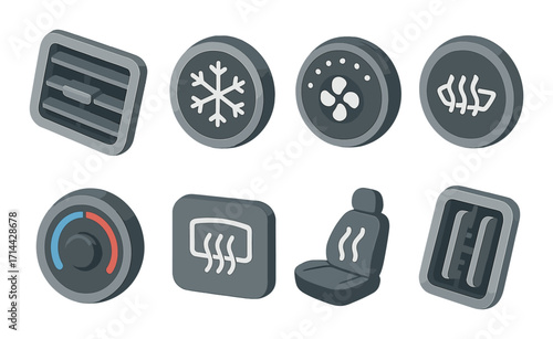 Car control flat icon set. featuring air conditioning, defrosting, temperature, fan, seat heater, and vent symbols