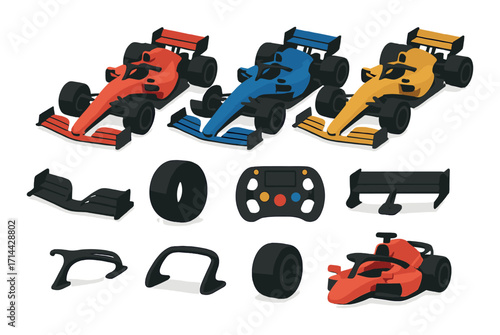 Racing cars flat icon set. featuring formula vehicle, spoiler, tire, wheel, and controller symbols