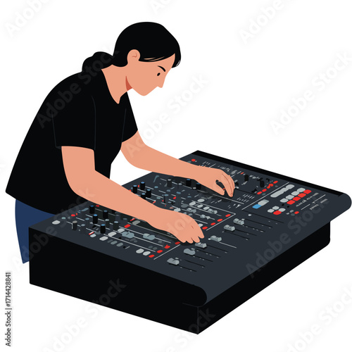 A person mixing audio on a large sound board with knobs and sliders in a vector illustration