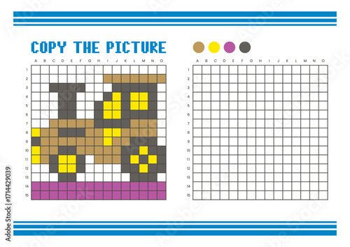 Copy the picture grid drawing worksheet for kids. Pixel art tractor