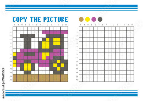 Copy the picture grid drawing worksheet for kids. Pixel art tractor