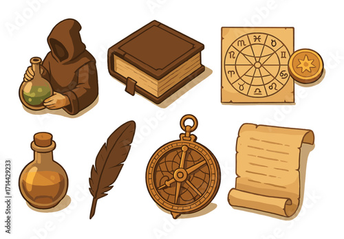 Medieval fantasy flat icon set. featuring alchemist, book, zodiac, potion, quill, compass, and scroll