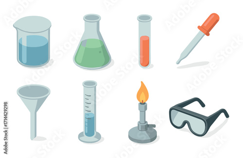 Science lab equipment flat icon set. featuring beaker, flask, test tube, pipette, funnel, and bunsen burner